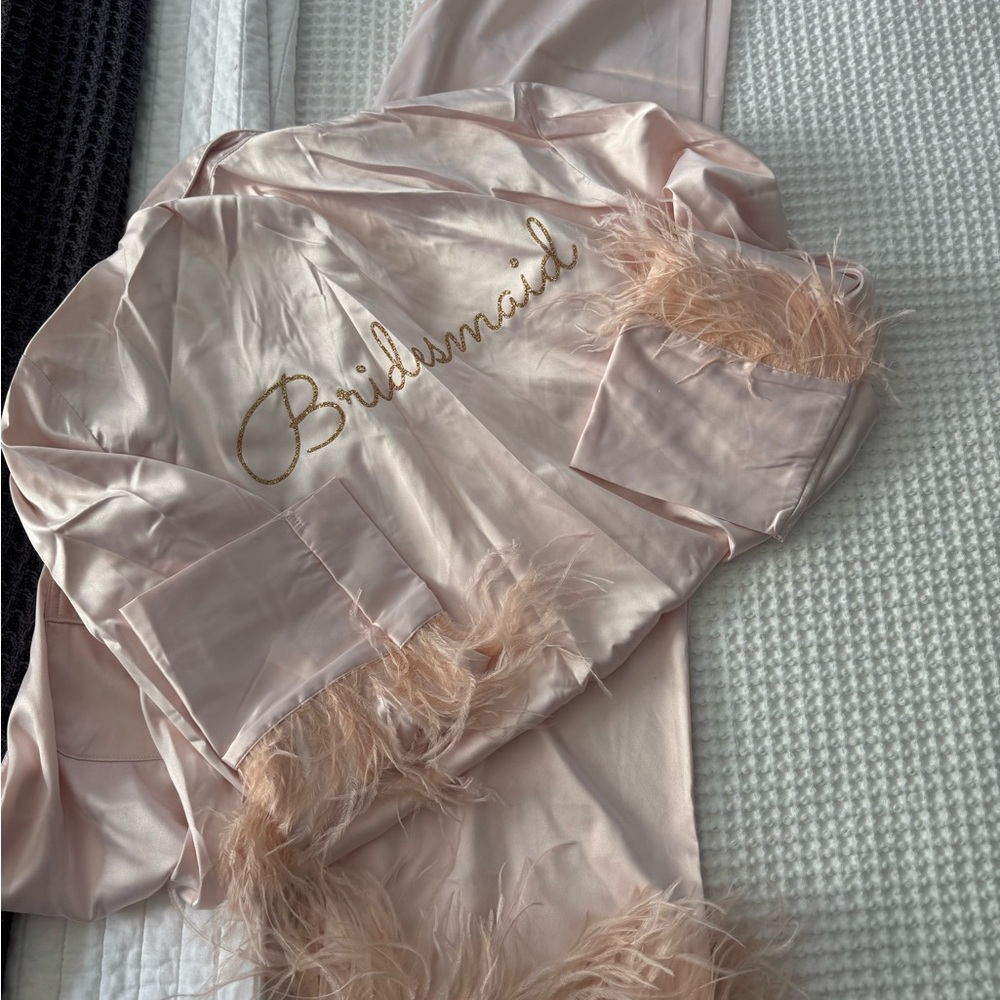 Luxurious Pink Satin Pajamas with Feather Trim